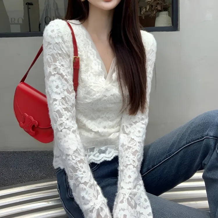 秋季新品纯欲风蕾丝拼纱小衫