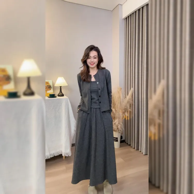 韩系休闲三件套女时尚开衫吊带半身裙春秋新款显瘦法式气质套装潮