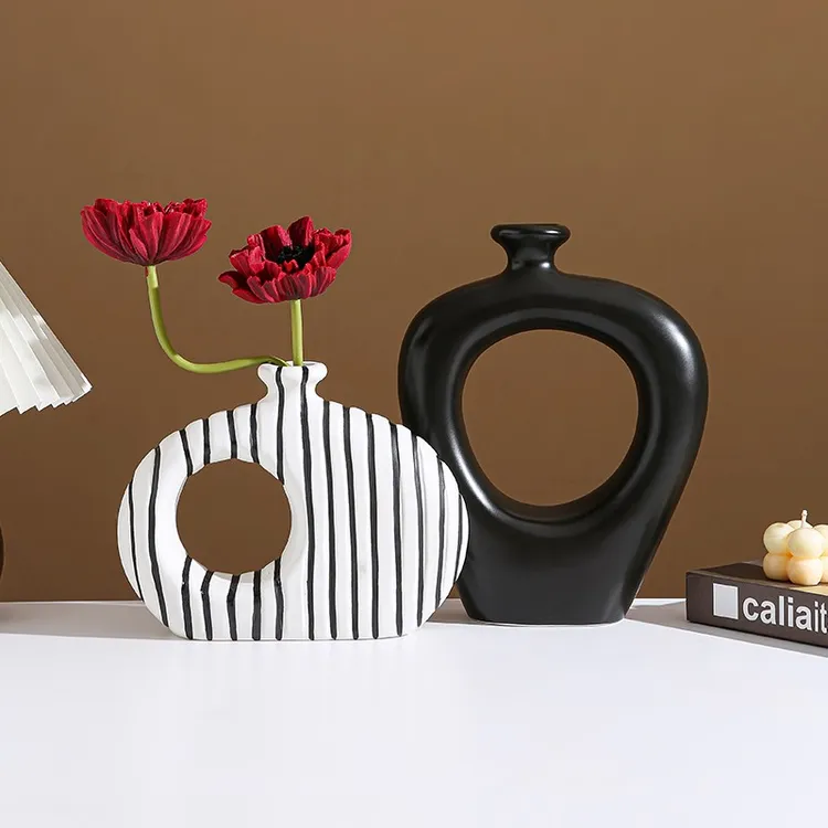中古风黑白条纹陶瓷花瓶玄关摆件客厅电视柜桌面现代花器装饰品