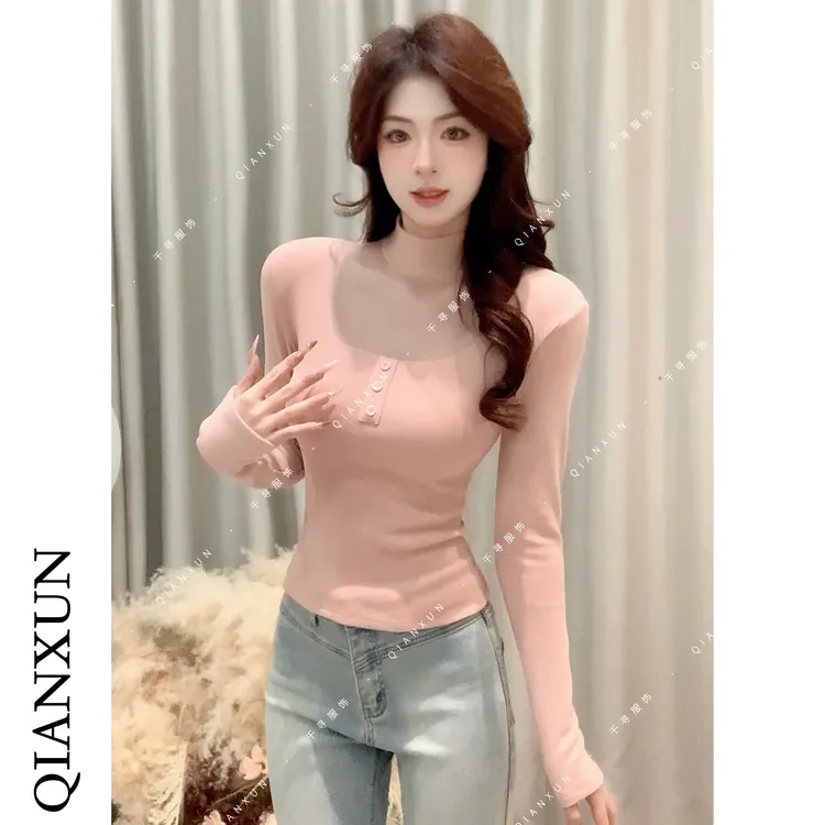 千寻家 设计感时尚镂空拼接T恤女冬季款纯欲风洋气修身上衣627