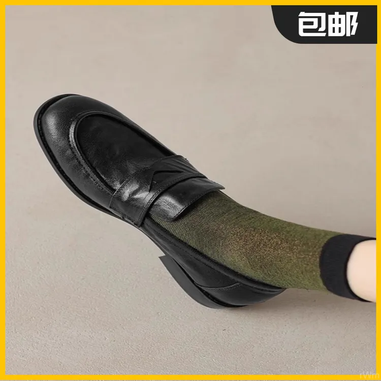 2025软羊皮黑色平跟乐福鞋女潮春秋新款法式圆头复古一脚蹬小皮鞋