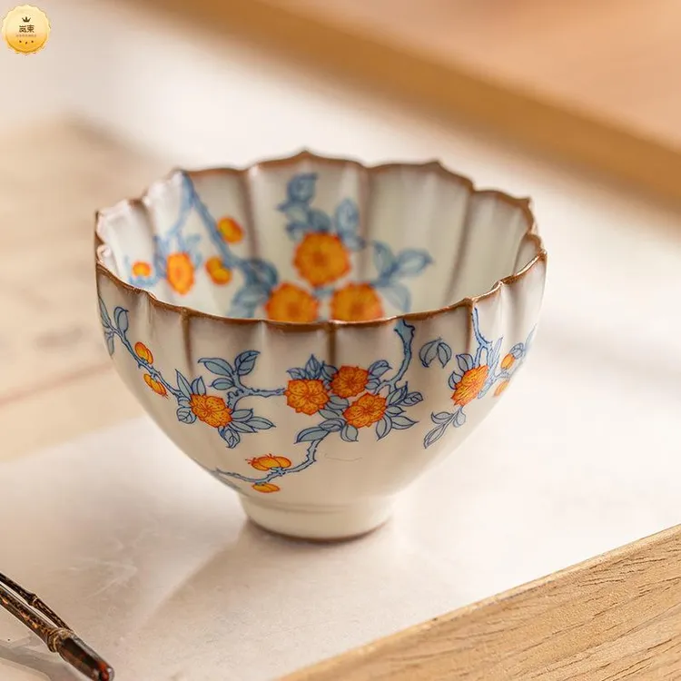 杏花蓝枝莲瓣杯汝窑茶杯主人杯高档个人专用功夫茶品茗杯单杯礼盒