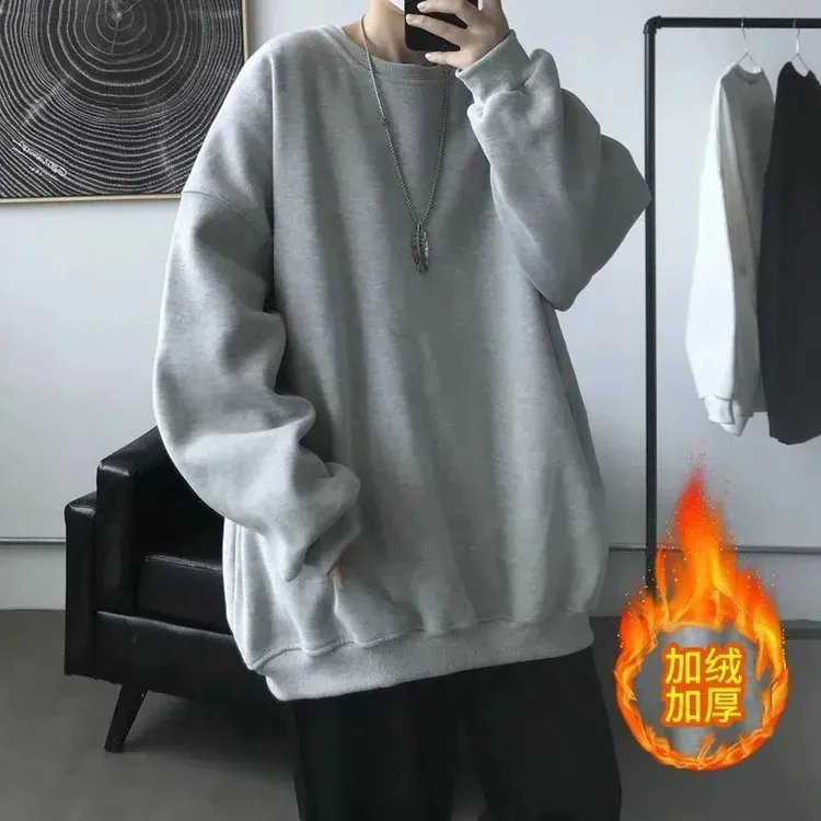 卫衣秋冬潮牌大码宽松加厚外穿潮流纯色上衣圆领打底衫百搭秋衣