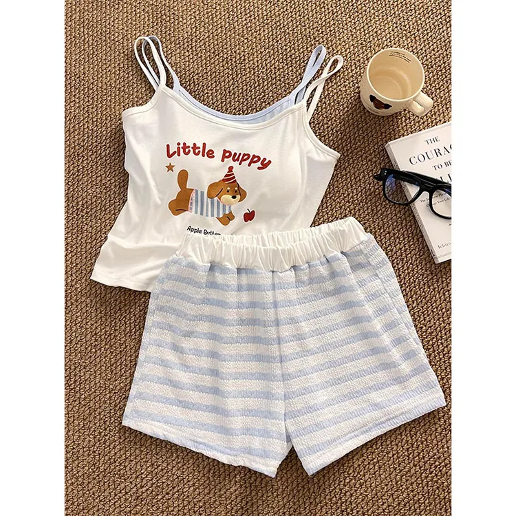 可爱腊肠小狗吊带睡衣女夏季假两件背心短裤套装亲肤家居服可外穿