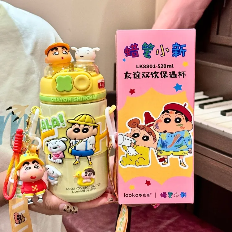 蜡笔小新保温杯可爱高颜值女生专用水杯学生上学吸管杯子防摔水壶