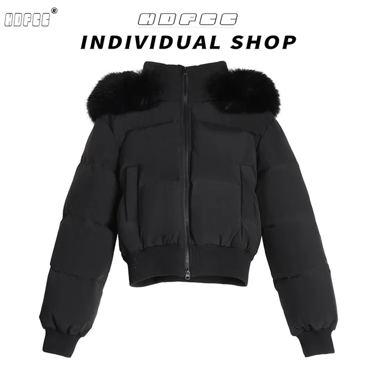 高级感连帽毛领短款棉服女冬季2025休闲黑色韩系加厚保暖面包服潮