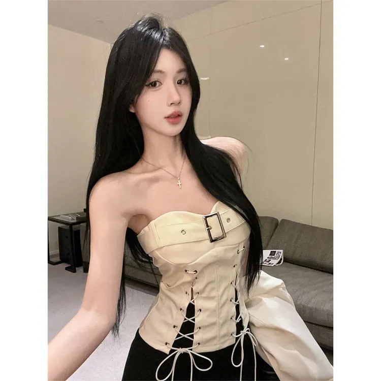 2025早秋新款绑带开叉抹胸背心PU皮系带裹胸上衣修身百搭裙裤套装