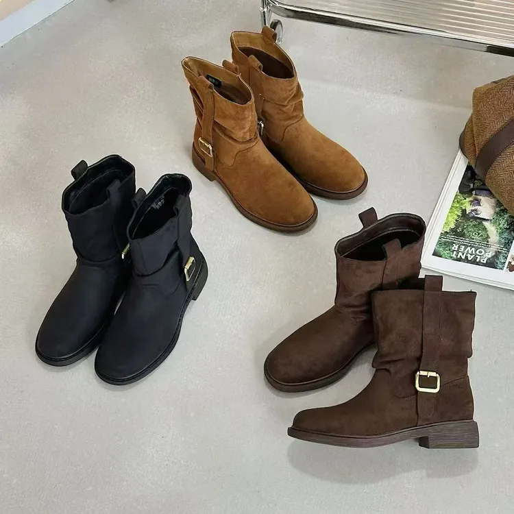 姬纯希品牌羊猄秋冬薄款圆头中跟秋增高马丁靴磨砂皮套筒皮带扣