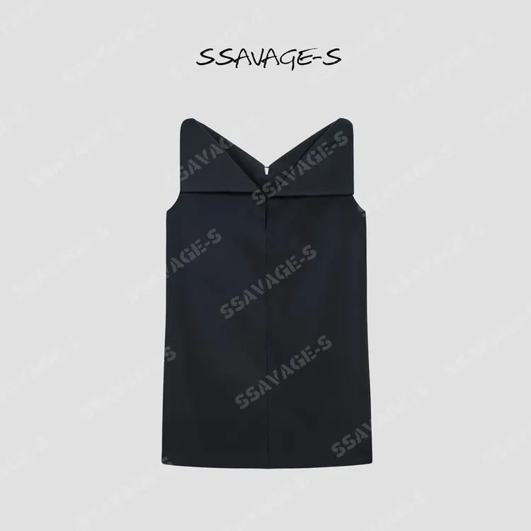 SSAVAGE“暗夜流光”前后两穿大翻领一字肩直筒显瘦小黑裙SS91182