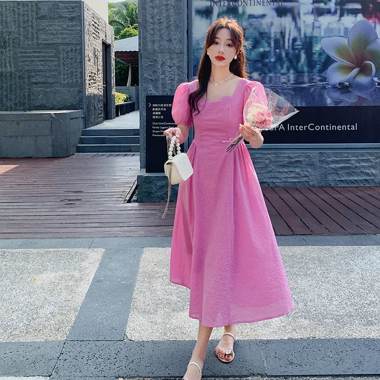 泡泡袖方领复古粉色收腰连衣裙法式显瘦中长款晕染收腰裙子气质