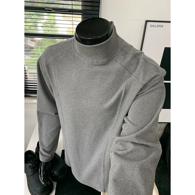 灰色半高领德绒打底衫男士秋冬高级休闲宽松内搭保暖卫衣长袖T恤