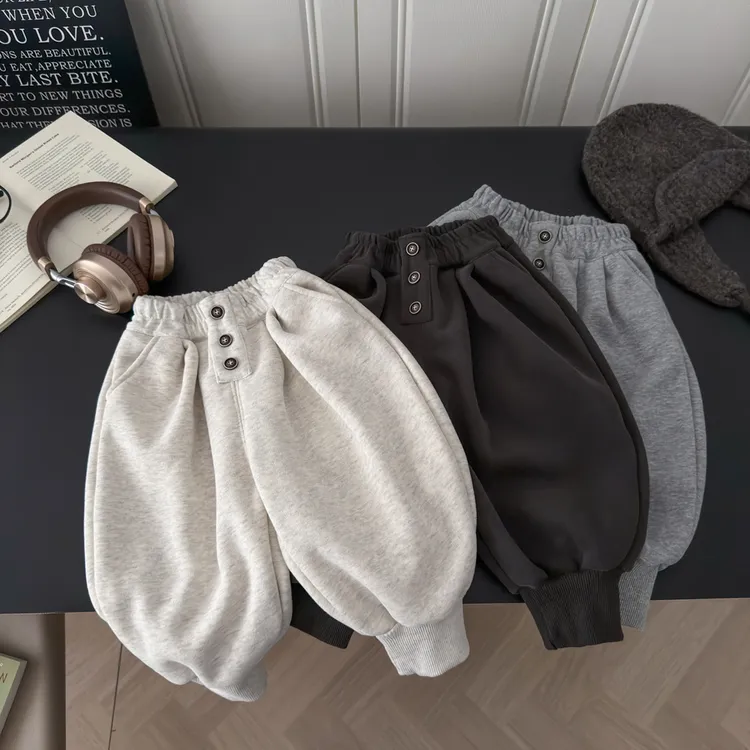 【加绒加厚】男女儿童秋冬新款韩版百搭时尚纽扣运动时髦网红卫裤