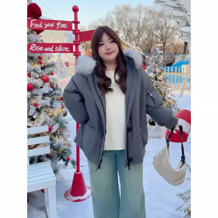 花契“日落巴萨”大码女装冬季简约200斤胖mm韩版毛茸茸棉服12648-C