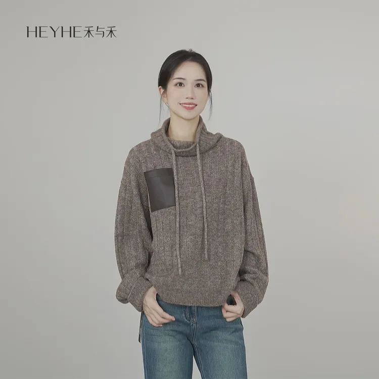 小禾【马德里】康宝莱绵羊毛超细圈圈纱拼皮口袋复古感套头毛针织衫