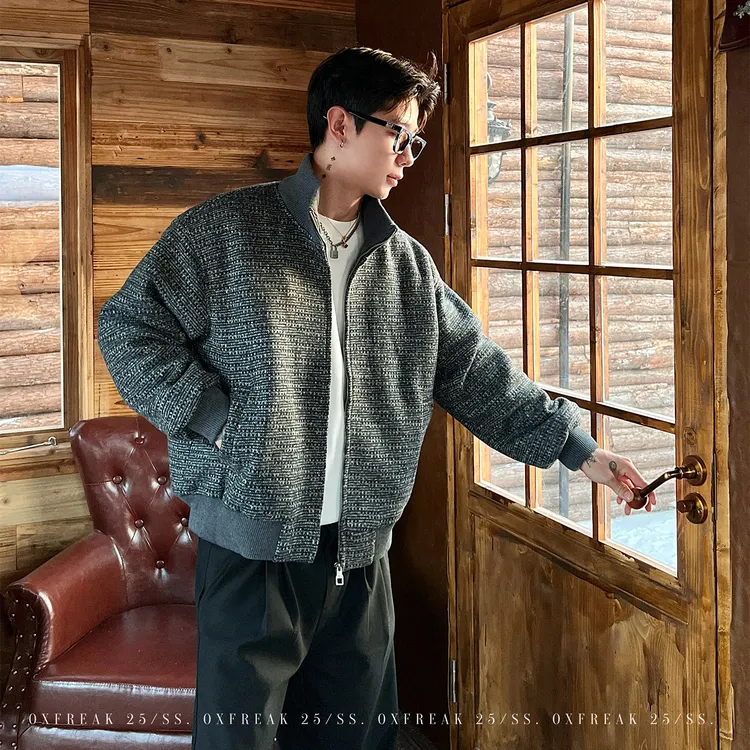 OXFREAK「小香风编织面料」老钱风针织领棉服男短款宽松冬季外套