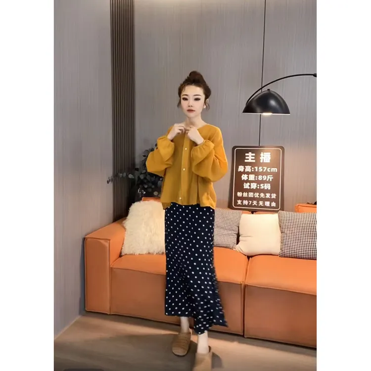 诱诱家 文艺慵懒随性圆领防晒衬衫开衫女夏季波点半身裙套装