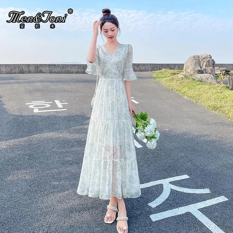 Men&Joni温柔风碎花连衣裙女夏新款气质显瘦雪纺长裙过膝蛋糕裙子