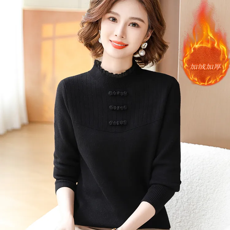 妈妈装冬季半高领加绒加厚毛衣中老年女保暖一体绒打底衫黑色上衣