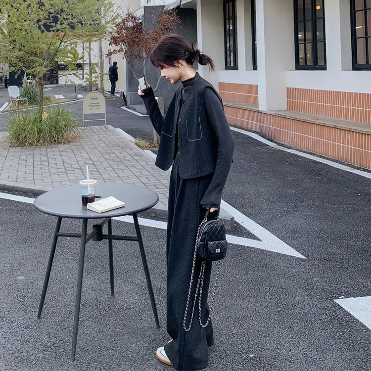 韩系松弛感套装裤女2025春秋新款氛围感轻熟风马甲打底衫阔腿裤潮