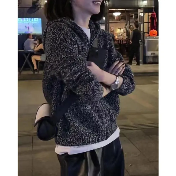 高级夹花灰色羊毛开衫女连帽毛衣外套羊绒针织短款针织毛衣