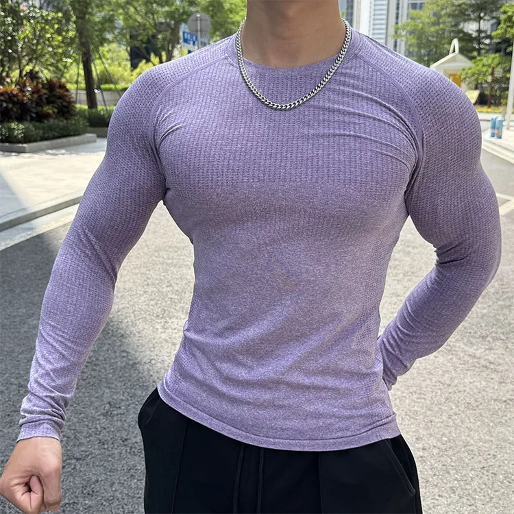 无缝提花运动长袖男士秋季透气弹力速干T恤跑步健身服显大打底衫