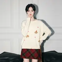 杏色圆领毛衣外套女秋季2025春秋新款设计感软糯针织开衫外搭上衣
