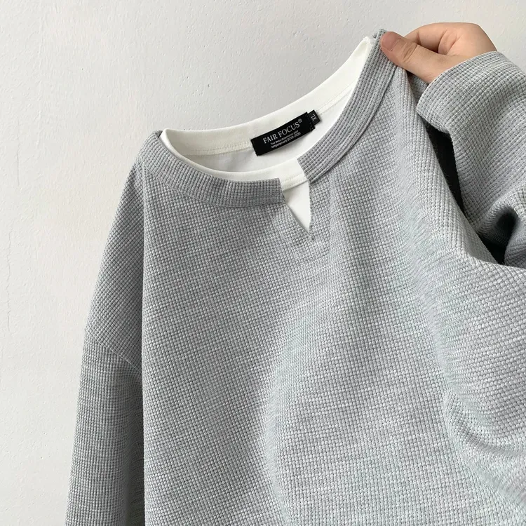 【早秋风】华夫格卫衣男秋新款休闲穿搭潮牌肌理感假两件长袖T恤