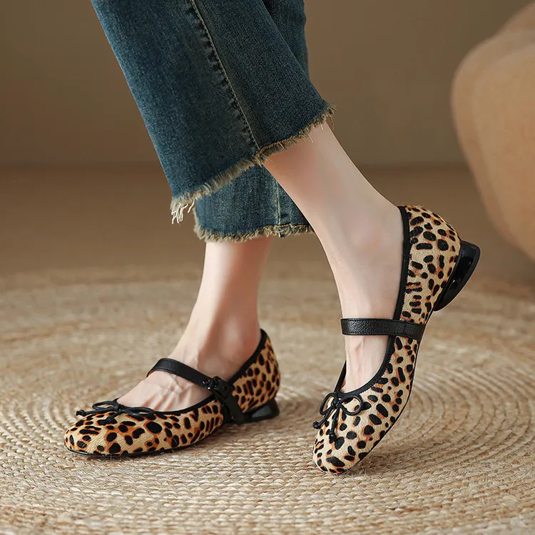 豹纹单鞋女款一字带马毛玛丽珍复古英伦风平底软底圆头女鞋春季
