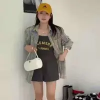 25181夏季新款韩版格纹宽松衬衫搭配字母印花背心和短裤三件套