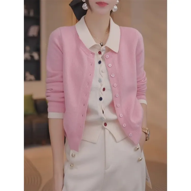 假两件针织衫女开衫彩扣翻领毛衣春秋内搭打底衫2025新款宽松上衣