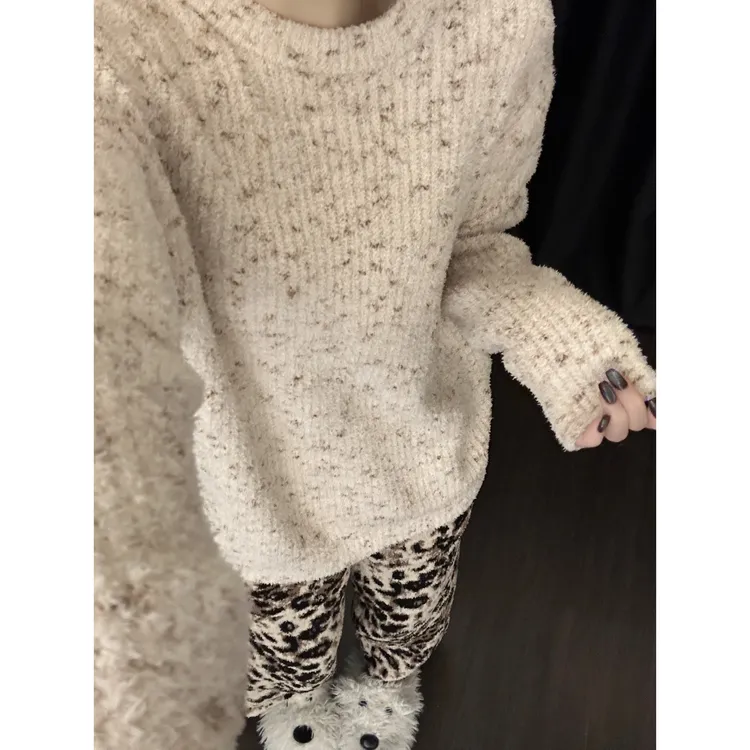 韩版简约圆领毛绒针织睡衣女秋冬季豹纹雪尼尔家居服可外穿套装款