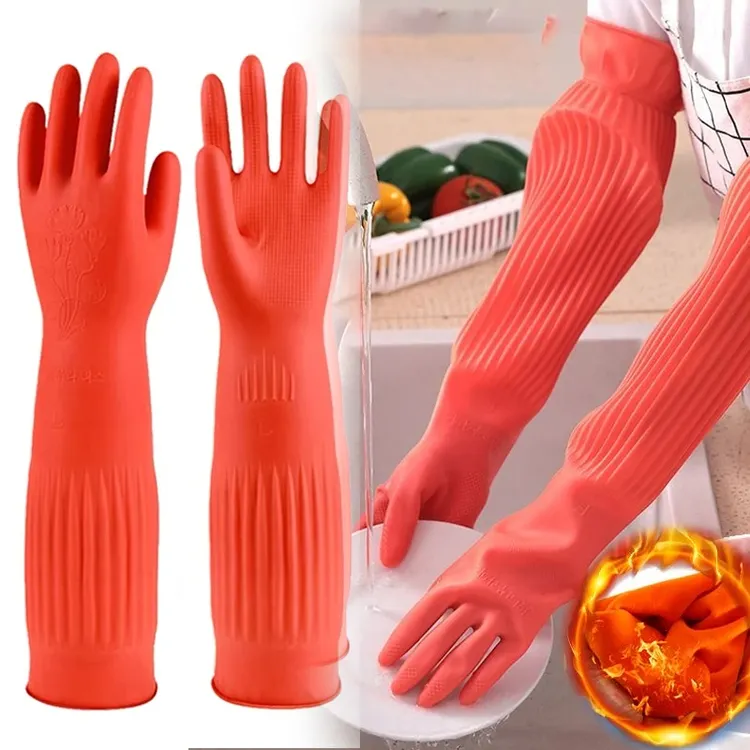 加绒加厚加长家务手套洗碗洗衣服防水耐磨男女冬天冬季一体绒长款