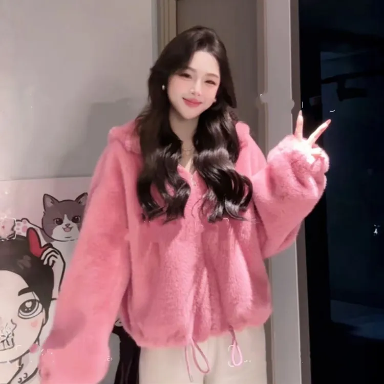 L198826-冬季毛毛绒减龄毛毛外套女中长款加厚连帽毛毛外套