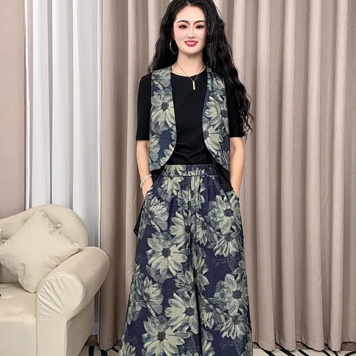 马甲+裤子薄款松紧阔腿裤套装休闲裤中式花色民族风碎花两件套