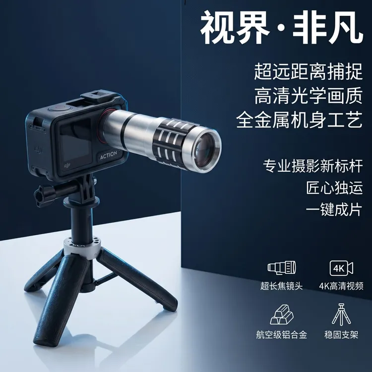 【适用大疆action4/5pro】12X变焦长焦镜头高清摄影神器专业长焦商品图