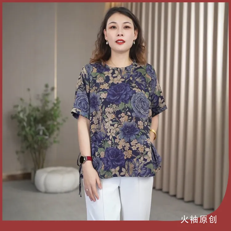 火袖G1118中老年复古圆领上衣女夏装新款宽松显瘦短袖妈妈装小衫