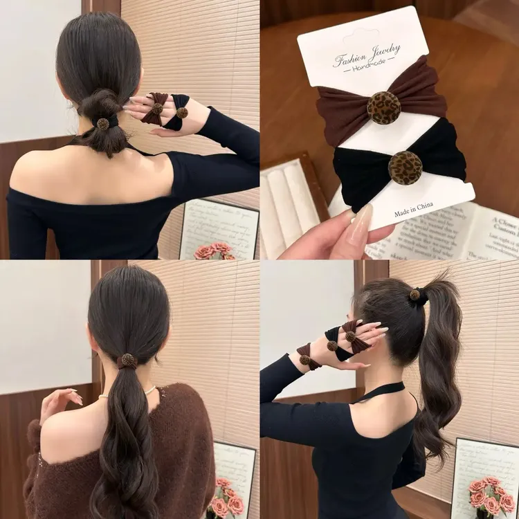 韩系植绒豹纹发圈女高级感球球毛巾圈秋冬复古头绳百搭低马尾皮筋商品图