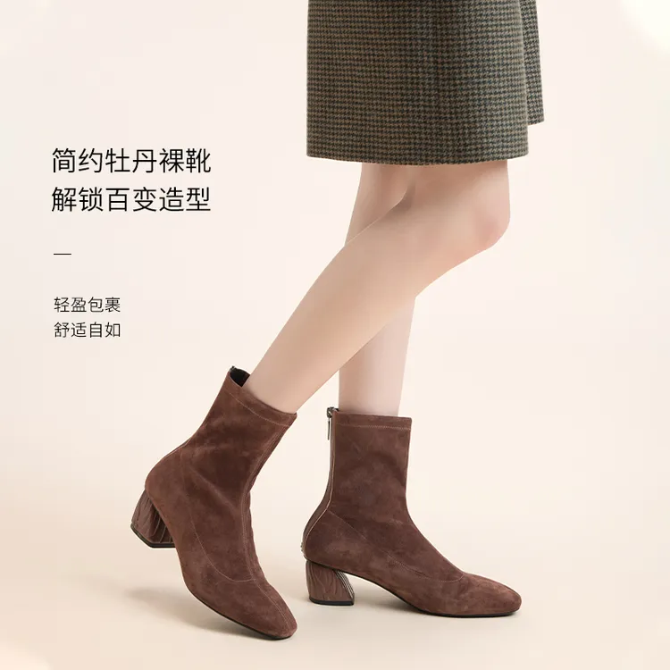 EP YAYING雅莹女鞋 极简羊皮后拉链裸靴牡丹粗跟短靴 新品XS01A