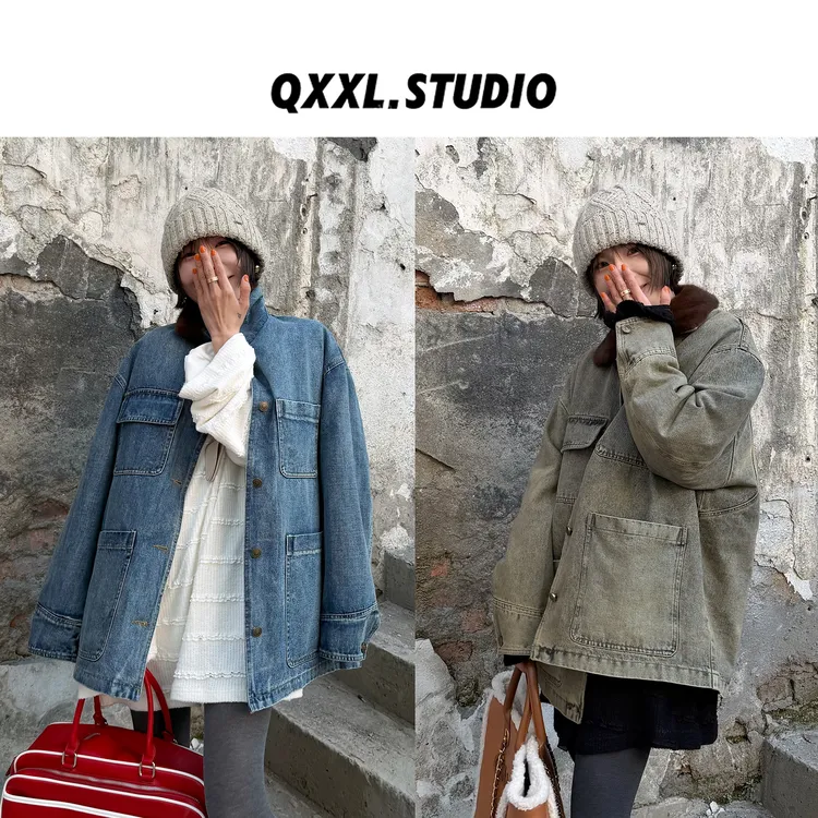 邱小小丽呀 冬季新款工装风90绒牛仔羽绒服复古百搭显瘦翻领外套