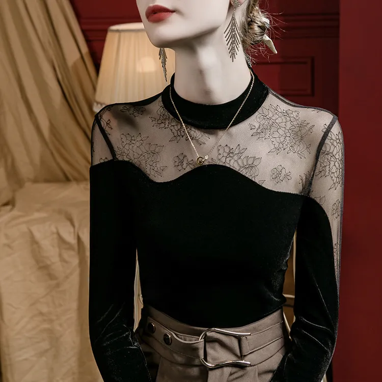 设计感丝绒拼接网纱打底衫春款女内搭洋气中国风小衫黑色打底衫女