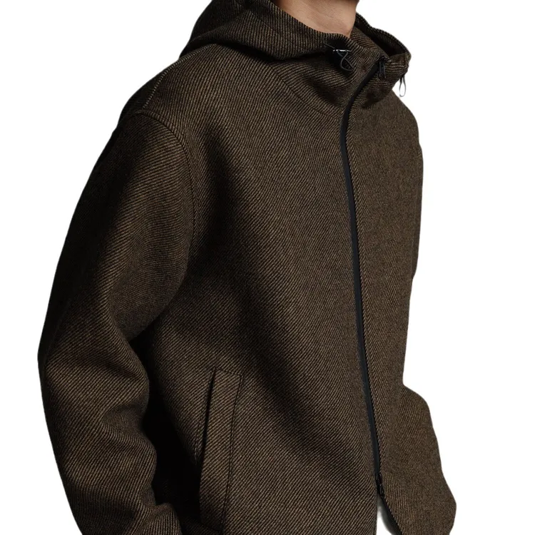 羊毛混纺粗斜纹 双开襟连帽卫衣式单面呢夹克外套男秋冬拉链