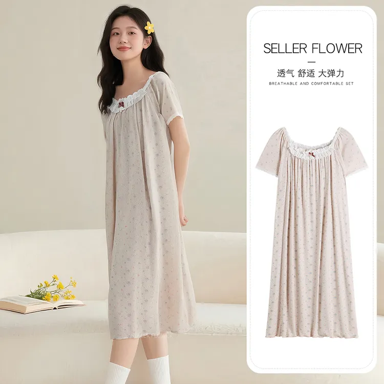 水靓花韩国小花蕾丝睡裙女士夏季睡衣家居服宽松大码印花弹力外穿