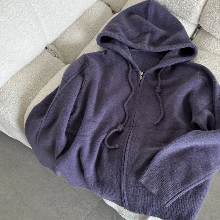 【听风格】波尔绒双拉链韩系时尚休闲百搭连帽宽松针织开衫外套女