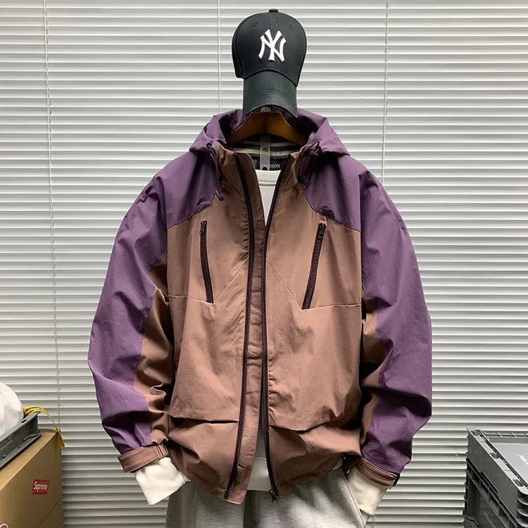 美式潮牌拼色连帽机能夹克男士春秋新款休闲宽松运动百搭山系外套
