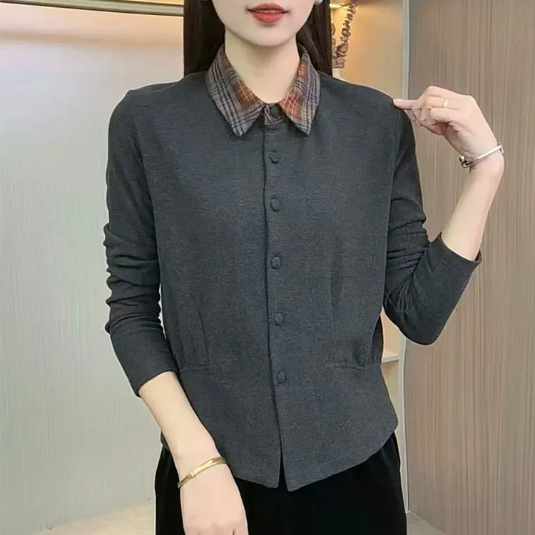 洋气时尚拼色领双面澳绒打底衫秋冬新款翻领显瘦百搭开扣长袖小衫