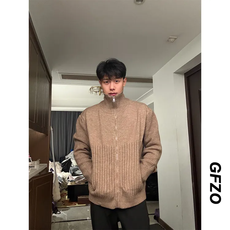 秋冬美拉德高领拉链开衫提花毛衣男美式潮流时尚休闲针织衫外套