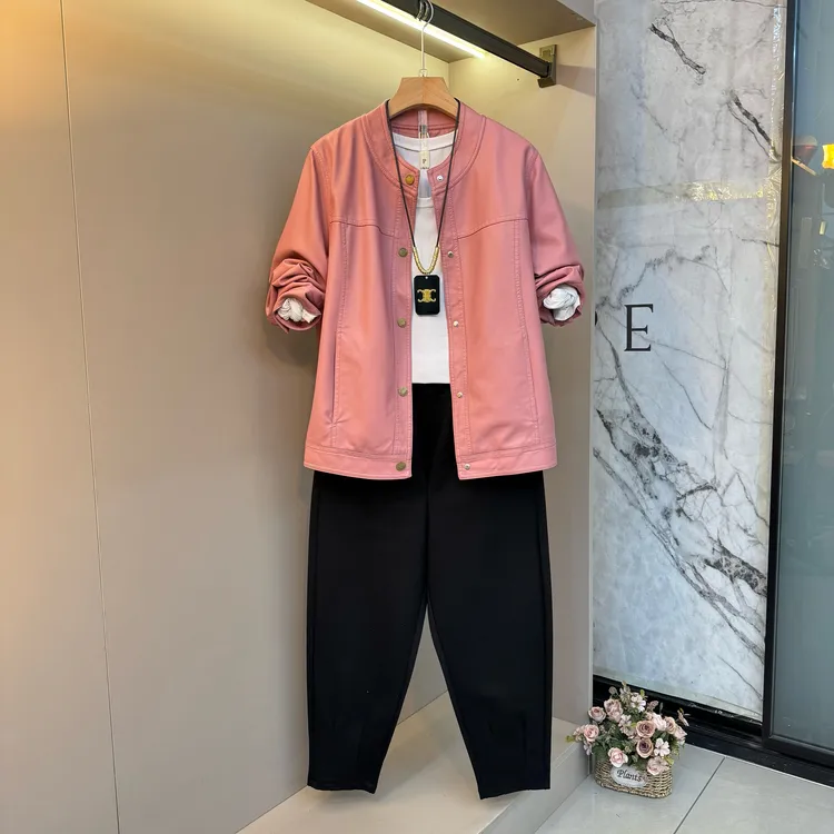 2025秋季新款气质金钮扣高级pu皮外套显瘦胖mm宽松百搭外套2513