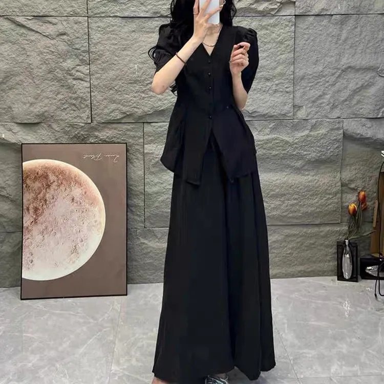 大码法式高级感V领宽松短袖上衣女半身裙2025夏季胖mm显瘦两件套
