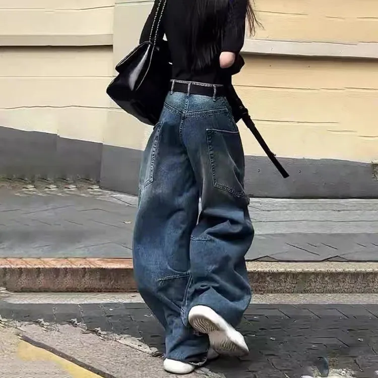 91136高腰白色牛仔裤女2025春季新款百搭宽松弯刀裤显瘦休闲阔腿