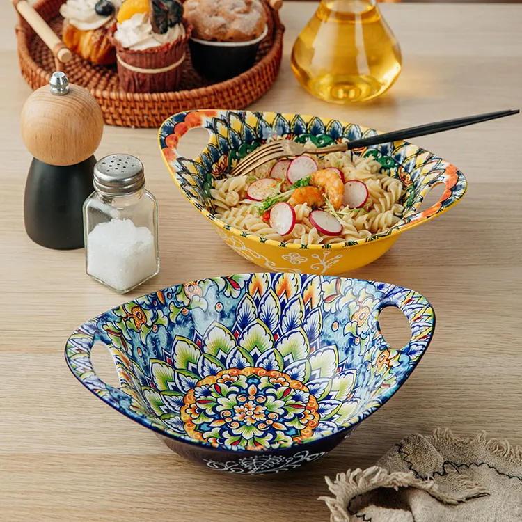 黄蓝混装-8.5英寸元宝碗2个装釉下彩陶瓷家用创意双耳大碗餐具